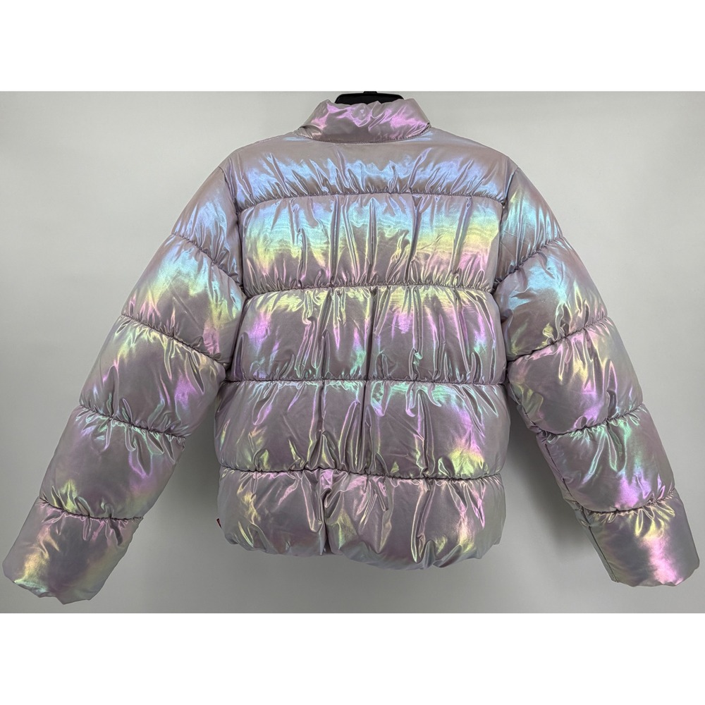 Levis Girls Iridescent Puffer Jacket Coat Holographic Pink Purple XL 13-15 Years - Picture 2 of 7